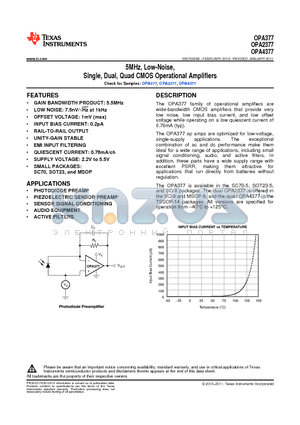 OPA377AIDBVT datasheet - 5MHz, Low-Noise, Single, Dual, Quad CMOS Operational Amplifiers