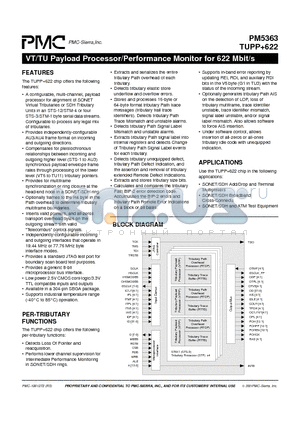 PM5363 datasheet - SONET/SDH TRIBUTARY UNIT PAYLOAD PROCESSOR FOR 622 MBIT/S INTERFACES
