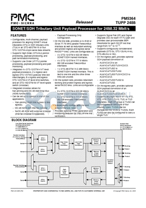 PM5364 datasheet - SONET/SDH Tributary Unit Payload Processor for 2488.32 Mbit/s