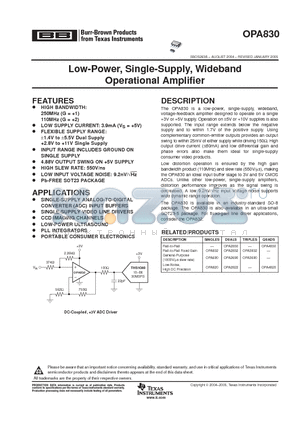 OPA3832 datasheet - Low-Power, Single-Supply, Wideband Operational Amplifier