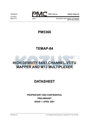 PM5366 datasheet - HIGH DENSITY 84/63 CHANNEL VT/TU MAPPER AND M13 MULTIPLEXER