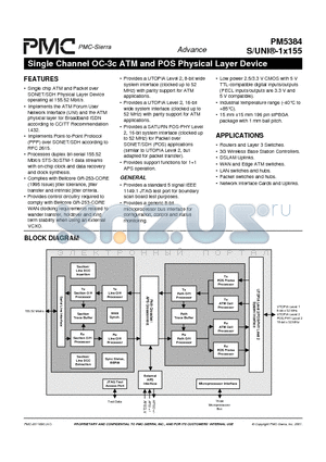 PM5384 datasheet - Single Channel OC-3c ATM and POS Physical Layer Device
