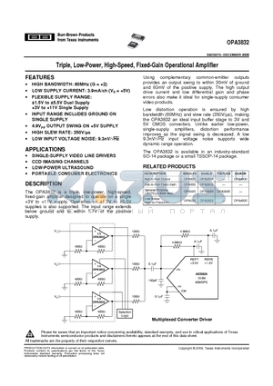 OPA3832IPWR datasheet - Triple, Low-Power, High-Speed, Fixed-Gain Operational Amplifier