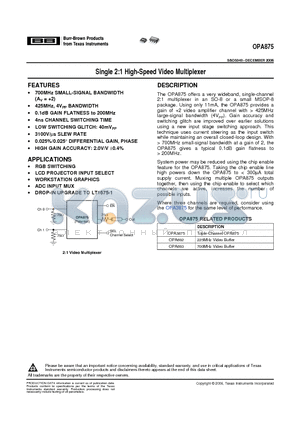 OPA3875 datasheet - Single 2:1 High-Speed Video Multiplexer