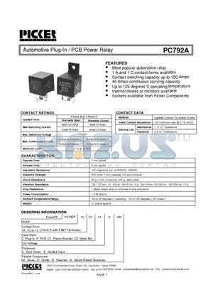 PC792A1UC-12S datasheet - Automotive Plug-In / PCB Power Relay