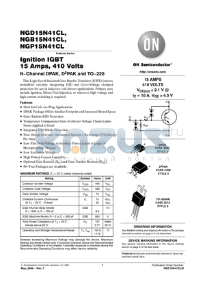 NGP15N41CLG datasheet - Ignition IGBT 15 Amps, 410 Volts