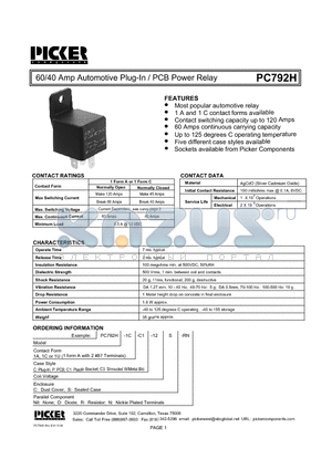 PC792H1AC-12CR datasheet - 60/40 Amp Automotive Plug-In / PCB Power Relay