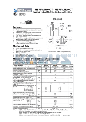 MBRF10H200CT datasheet - Isolated 10.0 AMPS. Schottky Barrier Rectifiers