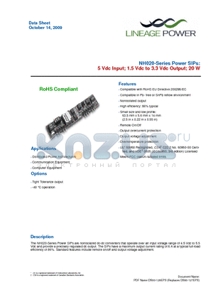 NH020Y datasheet - Power SIPs 5 Vdc Input; 1.5 Vdc to 3.3 Vdc Output; 20 W