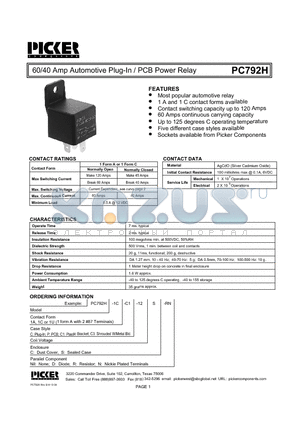 PC792H1UC-12S datasheet - 60/40 Amp Automotive Plug-In / PCB Power Relay