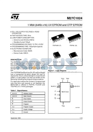 M27C1024-10B6X datasheet - 1 Mbit (64Kb x16) UV EPROM and OTP EPROM