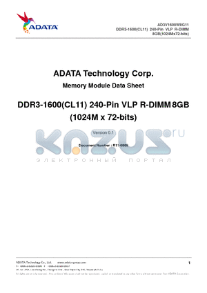R11-0869 datasheet - AD3V1600W8G11 DDR3-1600(CL11) 240-Pin VLP R-DIMM 8GB(1024Mx72-bits)