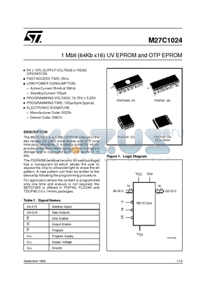 M27C1024-10XF7X datasheet - 1 Mbit (64Kb x16) UV EPROM and OTP EPROM