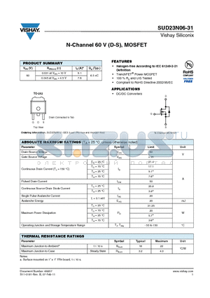 SUD23N06-31_11 datasheet - N-Channel 60 V (D-S), MOSFET