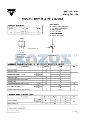 SUD25N15-52 datasheet - N-Channel 150-V (D-S) 175C MOSFET