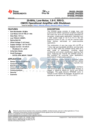 OPA4322 datasheet - 20-MHz, Low-Noise, 1.8-V, RRI/O, CMOS Operational Amplifier with Shutdown