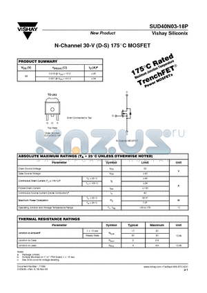 SUD40N03-18P datasheet - N-Channel 30-V (D-S) 175 MOSFET