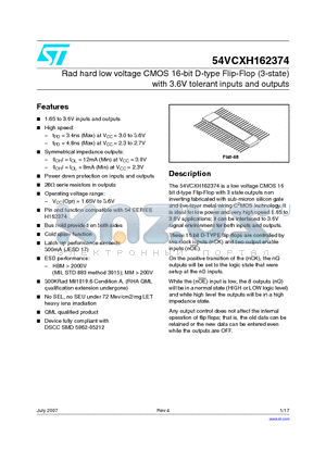 RHRXH162374K-01V datasheet - Rad hard low voltage CMOS 16-bit D-type Flip-Flop with 3.6V tolerant inputs and outputs