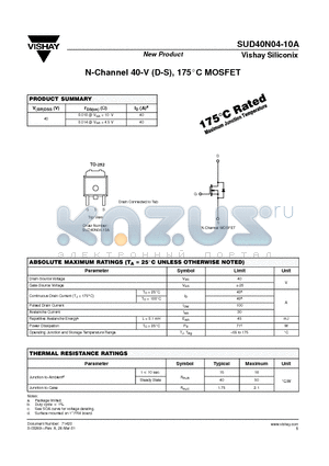 SUD40N04-10A datasheet - N-Channel 40-V (D-S), 175C MOSFET