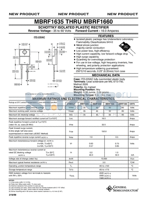 MBRF1650 datasheet - SCHOTTKY ISOLATED PLASTIC RECTIFIER