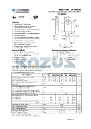 MBRF1645 datasheet - 16.0 AMPS. Isolated Schottky Barrier Rectifiers