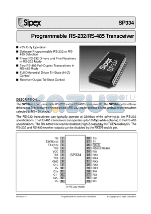 SP334 datasheet - Programmable RS-232/RS-485 Transceiver