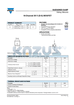 SUD42N03-3M9P-GE3 datasheet - N-Channel 30 V (D-S) MOSFET