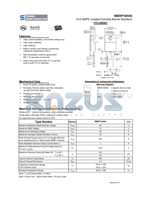 MBRF16H45 datasheet - 16.0 AMPS. Isolated Schottky Barrier Rectifiers