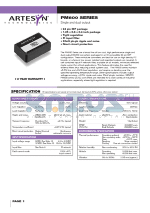 PM600 datasheet - Single and dual output 0.5 to 1 Watt Nominal input DC/DC converters
