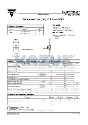 SUD50N024-06P datasheet - N-Channel 22-V (D-S) 175C MOSFET