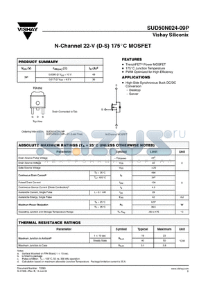 SUD50N024-09P-E3 datasheet - N-Channel 22-V (D-S) 175C MOSFET
