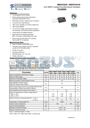 MBRF20100 datasheet - 20.0 AMPS. Isolated Schottky Barrier Rectifiers