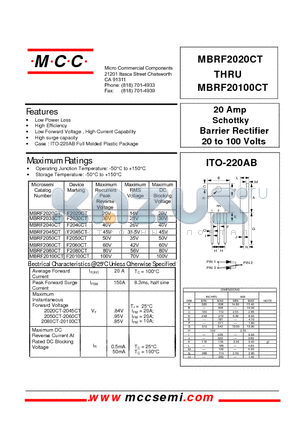MBRF20100CT datasheet - 20 Amp Schottky Barrier Rectifier 20 to 100 Volts