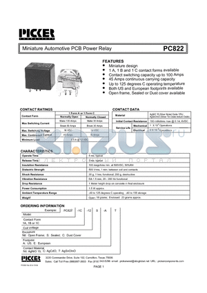 PC8221A-12SA15 datasheet - Miniature Automotive PCB Power Relay