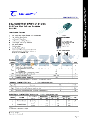 MBRF20100CT datasheet - 20A SCHOTTKY BARRIER DIODE Full Pack High Voltage Schottky Rectifier