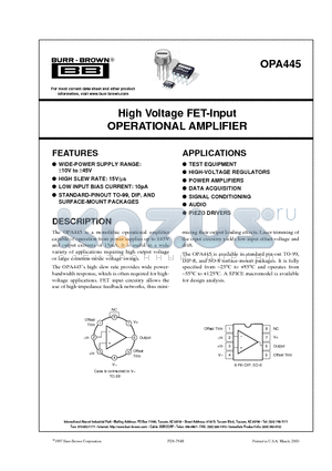 OPA445 datasheet - High Voltage FET-Input OPERATIONAL AMPLIFIER