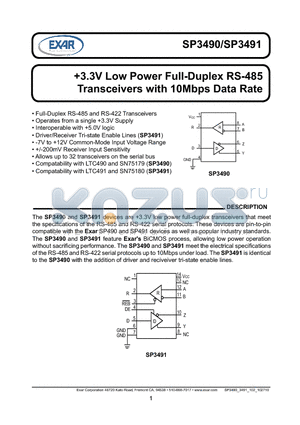 SP3490EN-LSP3490EN-L/TR datasheet - 3.3V Low Power Full-Duplex RS-485 Transceivers with 10Mbps Data Rate