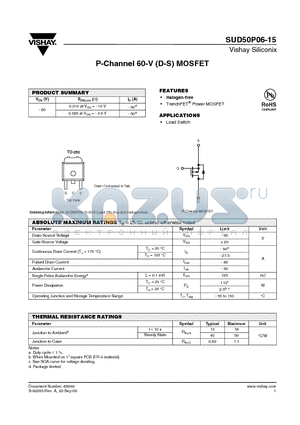 SUD50P06-15-GE3 datasheet - P-Channel 60-V (D-S) MOSFET