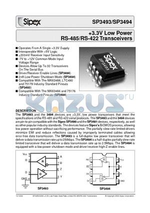 SP3494 datasheet - 3.3V Low Power RS-485/RS-422 Transceivers