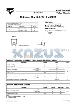 SUD70N02-05P datasheet - N-Channel 20-V (D-S) 175C MOSFET