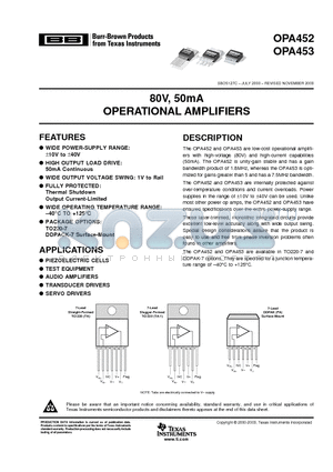 OPA452TA datasheet - 80V, 50mA OPERATIONAL AMPLIFIERS