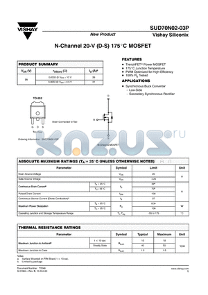 SUD70N02-03P datasheet - N-Channel 20-V (D-S) 175 Degrees Celcious MOSFET