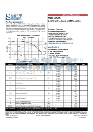 SUF-6000 datasheet - 2-16 GHz Broadband pHEMT Amplifier