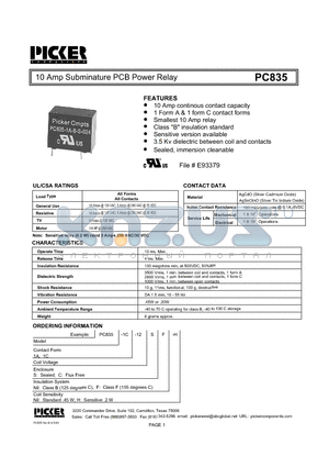 PC8351A-12SB datasheet - 10 Amp Subminature PCB Power Relay