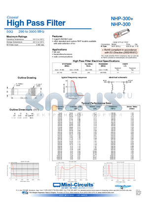 NHP-300 datasheet - High Pass Filter 50Y 290 to 3000 MHz