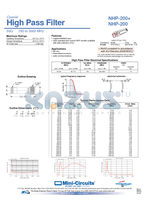 NHP-200+ datasheet - High Pass Filter 50Y 185 to 3000 MHz