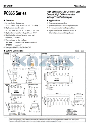PC865 datasheet - High Sensitivity, Low Collector Dark Current, High Collector-emitter Voltage Type Photocoupler