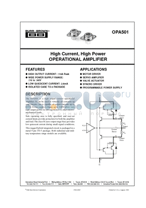 OPA501 datasheet - High Current, High Power OPERATIONAL AMPLIFIER