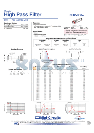 NHP-800 datasheet - High Pass Filter 50Y 780 to 3000 MHz