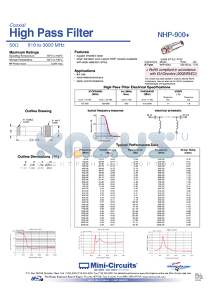 NHP-900+ datasheet - High Pass Filter 50Y 910 to 3000 MHz